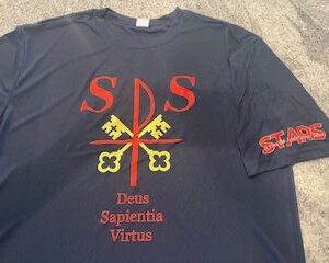 Drifit tee with school insignia and STARS/St. Peter the Apostle Catholic School on the sleeve