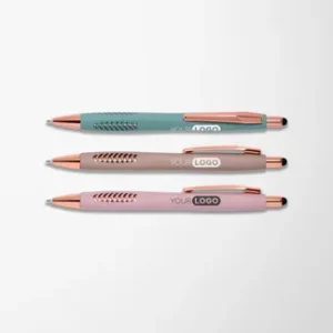 Stylus pen with rose gold trim and logo